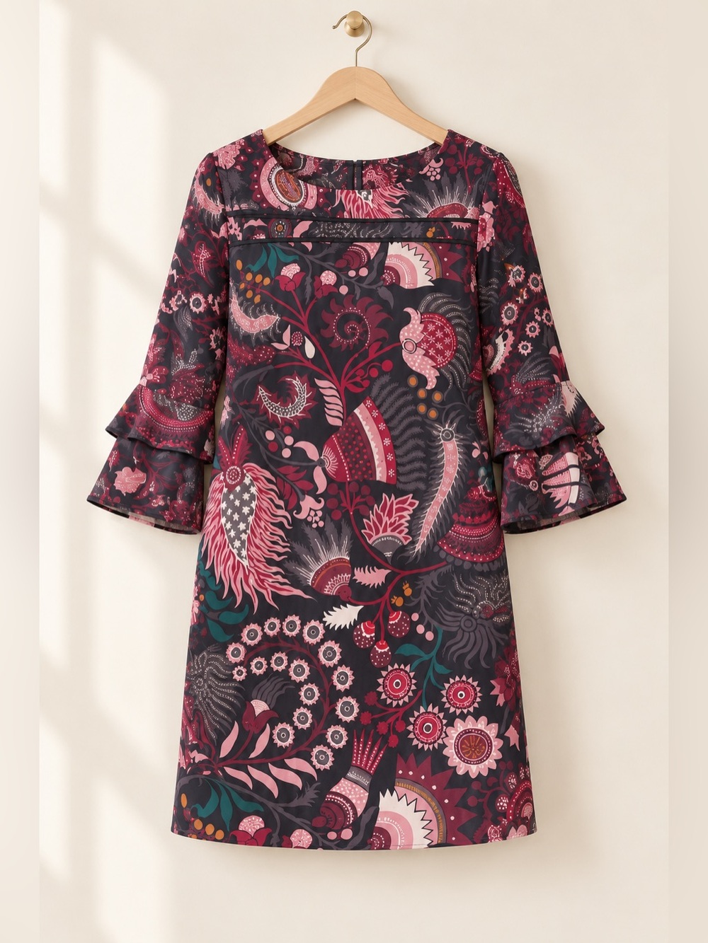 LOFT Black Pink Paisley Floral Tiered Bell Sleeve Shift Dress Medium
